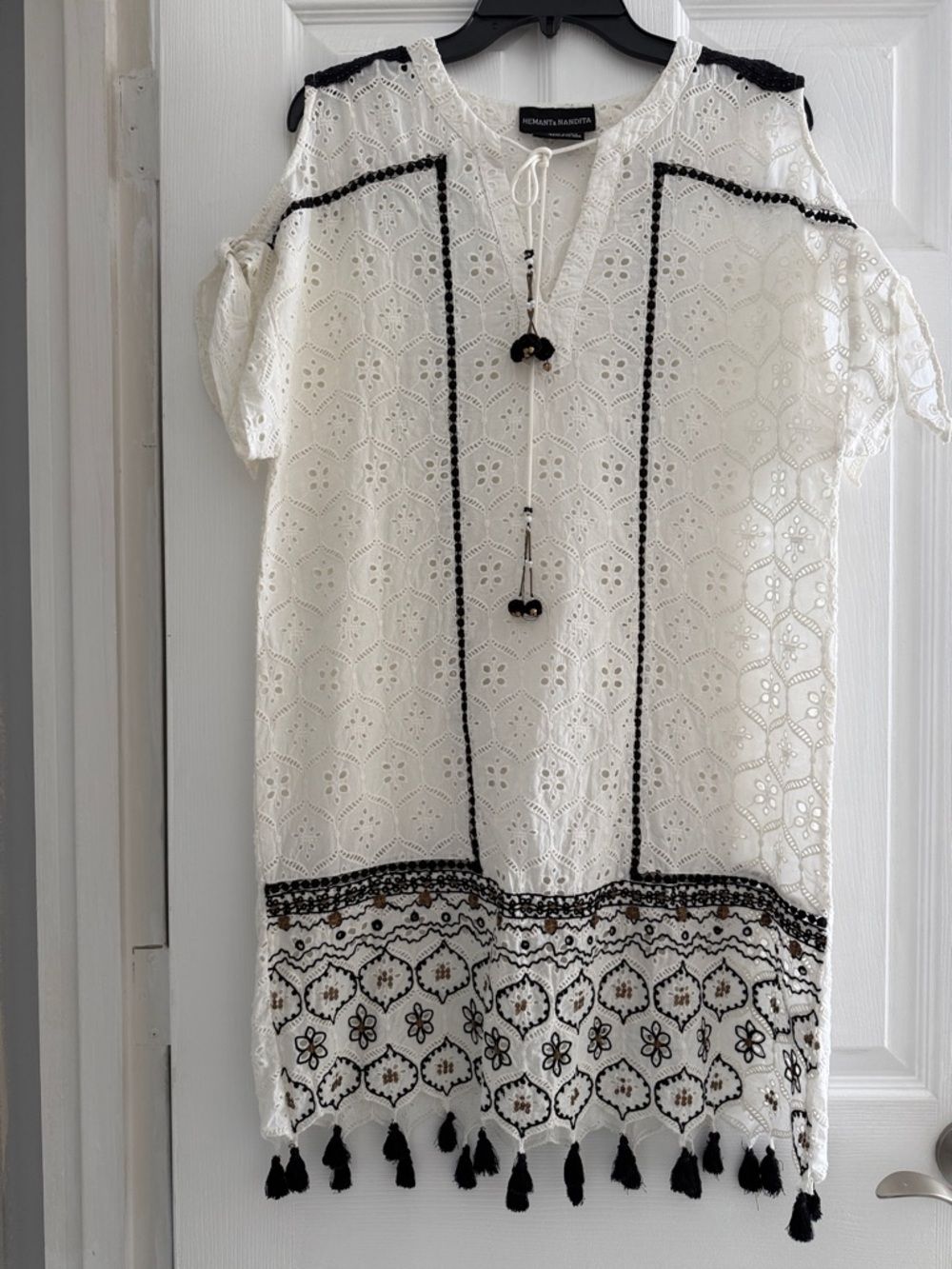 HEMANT & NANDITA White Eyelet Tunic with Black Trim size S
